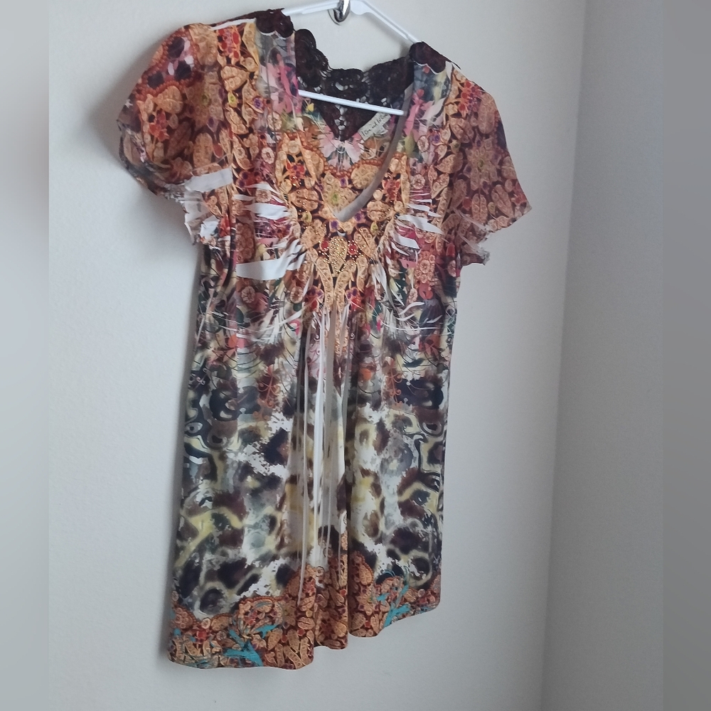 Live and Let Live Blouse Women L Multicolor Bohemian Crochet Versatile Vacation